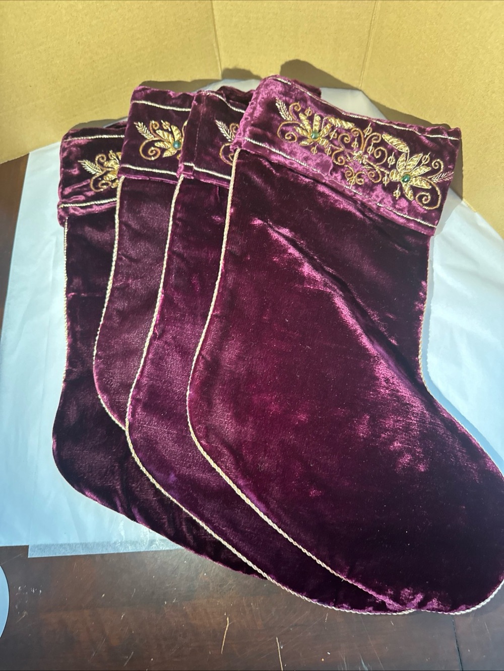 4 Velvet Burgundy Christmas Stocking - Luxury Embroidered Cuff made in India